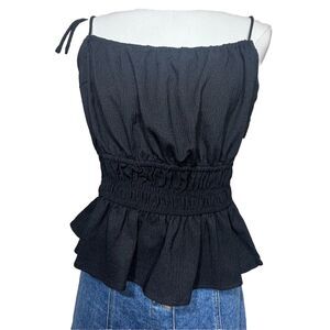 Forever 21 Peplum Cami Womens 1X Black Smocked Waist Tie Shoulder Crepe Top